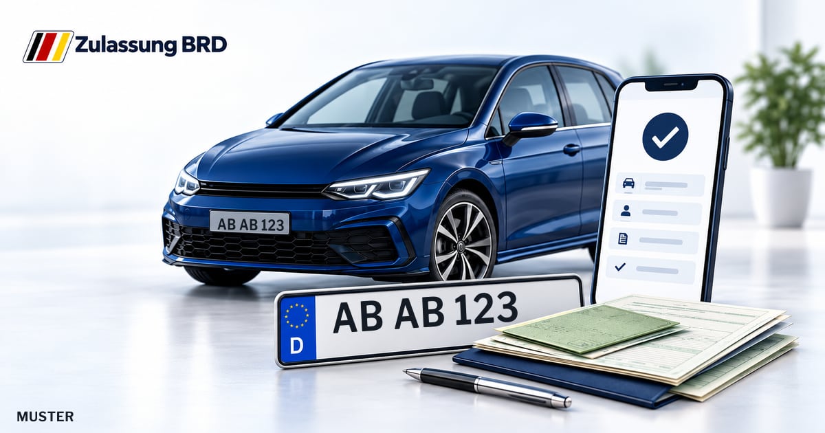 Online Fahrzeugzulassung in Landkreis Aschaffenburg: Musterkennzeichen AB AB 123, Auto und Fahrzeugpapiere und Smartphone. Illustration mit Logo von Zulassung BRD.